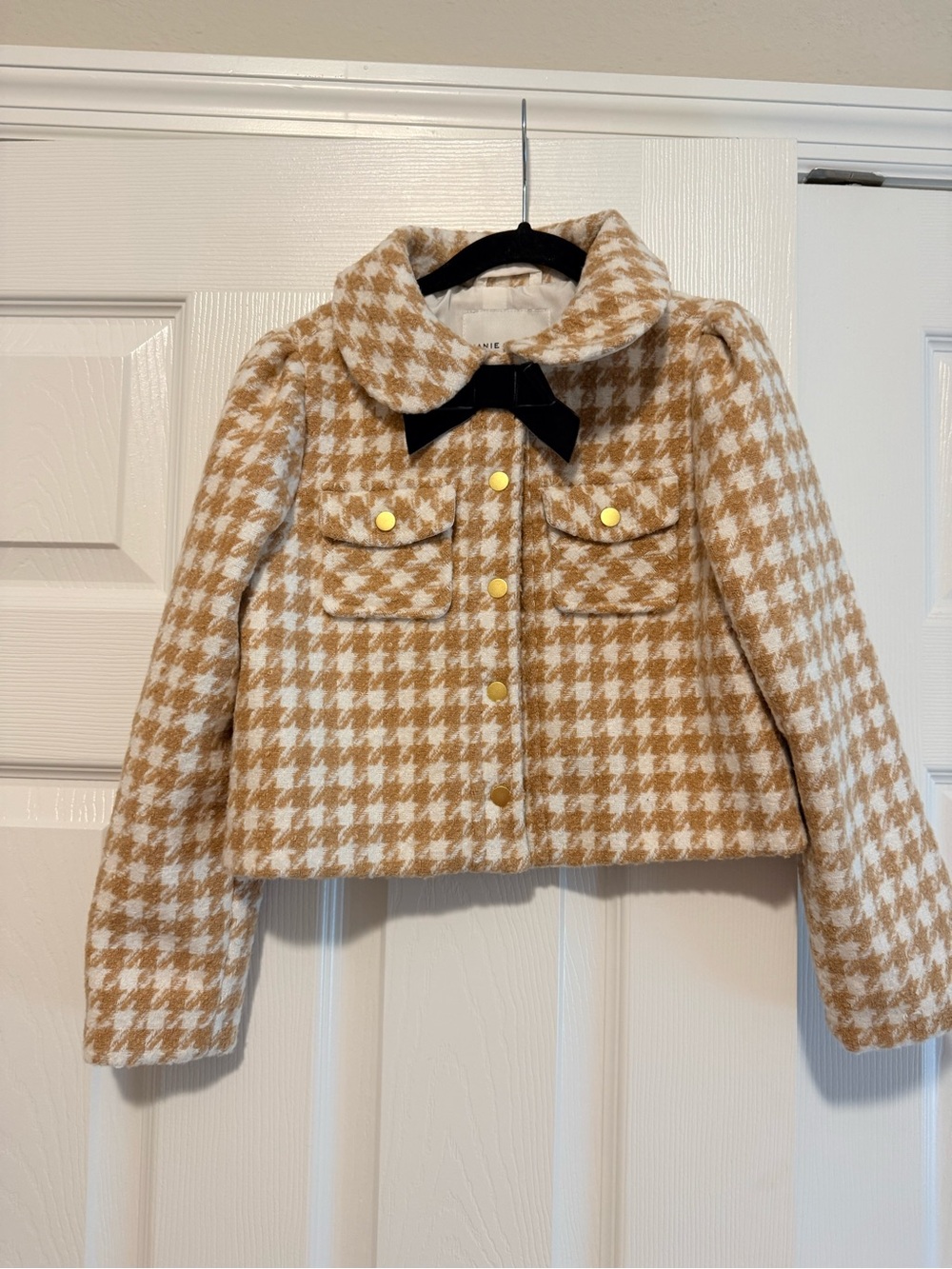 Janie and Jack Tan & White Houndstooth Jacket with Black Bow